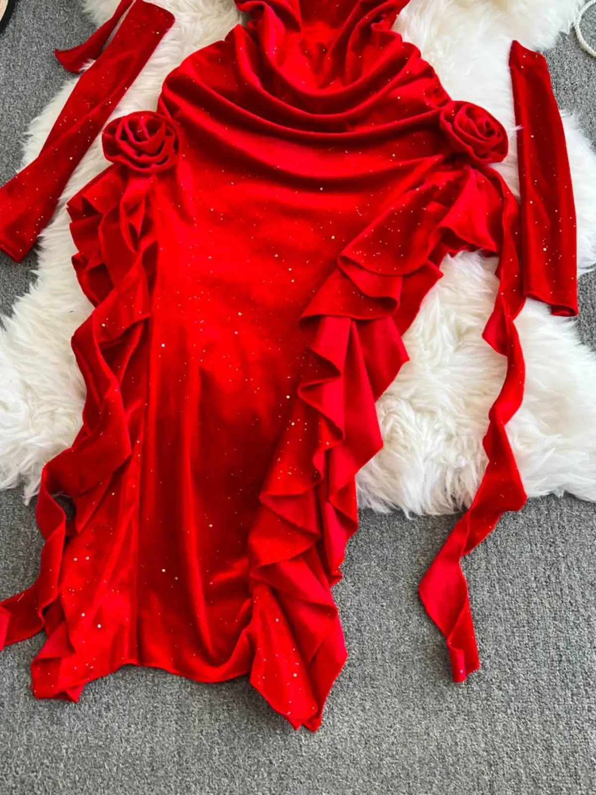 Vintage Red Velvet Suspender Dress Sexy Irregular Split Evening Dress - Image 4