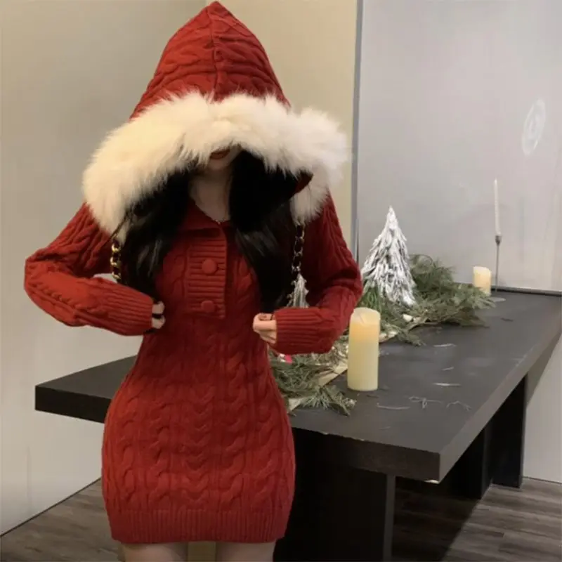 Winter Christmas Stylish Red Knitted Hooded Mini Dress for Women - Image 2
