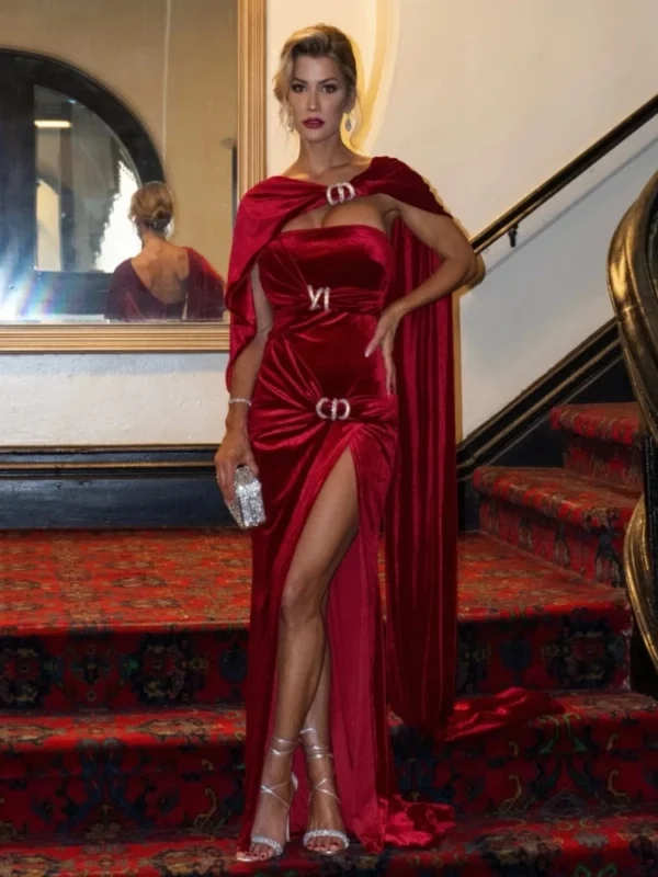 Red homecoming dresses: Sexy one-shoulder ruched velvet split maxi gown