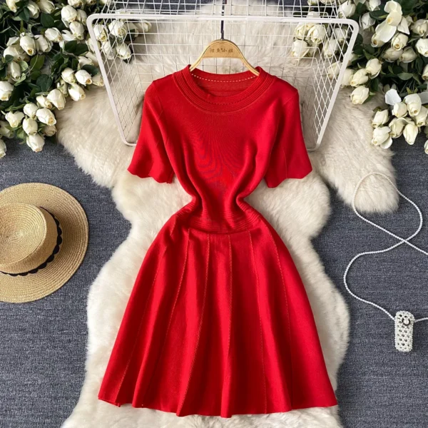 Red Homecoming Dresses: Short Sleeve Knitted A-Line Hollow Design