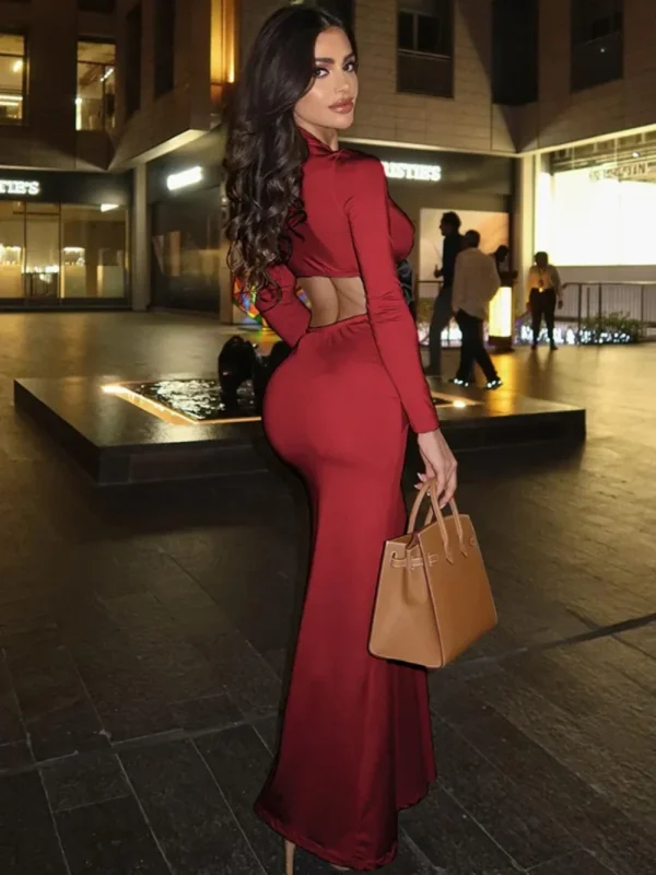 Red Homecoming Dresses: Autumn Winter Maxi Dress with Full Sleeves - Image 4