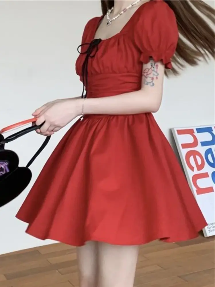 Red Puff Sleeve Mini Dress Women Vintage Korean Summer Streetwear - Image 5