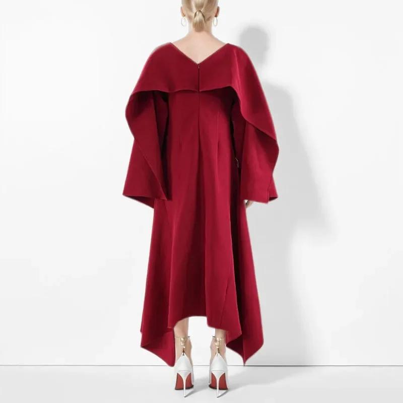 Elegant Red Long Sleeve Dress For Women Autumn Shoulder Wrap - Image 3