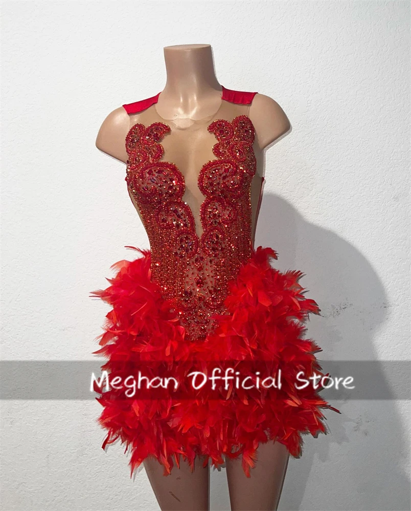 Red O Neck Short Prom Dress For Black Girls Feather Luxury
