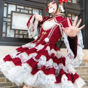 Chinese Red Lolita Dress Set With Tassel Sling Cape Outfit Women