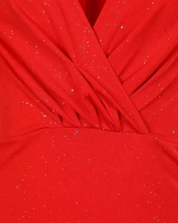 Red homecoming dresses: V-neck glitter, ruched long sleeve ball gown - Image 5