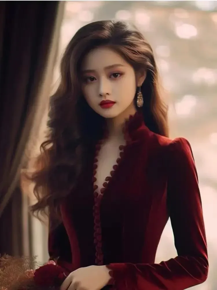 Kimotimo Wine Red Velvet V Neck A-Line Long Sleeve Dress 2025 - Image 3