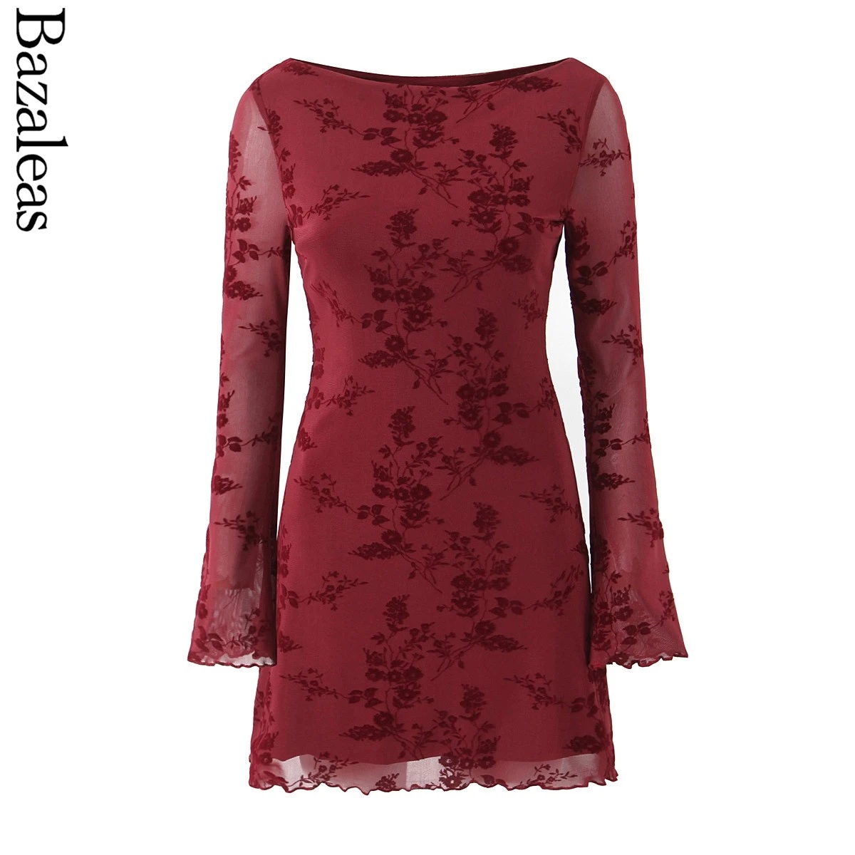 Sexy Wine Red Flocking Flower Slash Collar Bodycon Mini Dress Party - Image 4