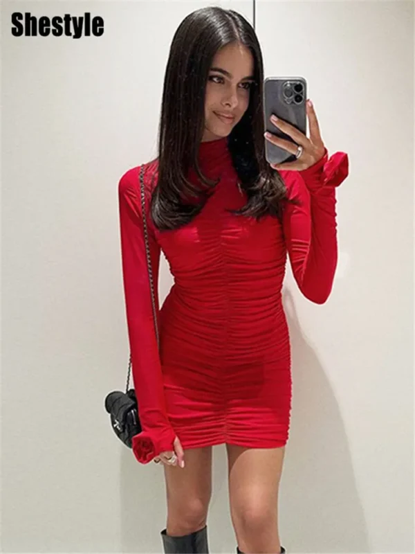 Red Homecoming Dresses: Ruched Hipster Bodycon Long Sleeve Mini Dress