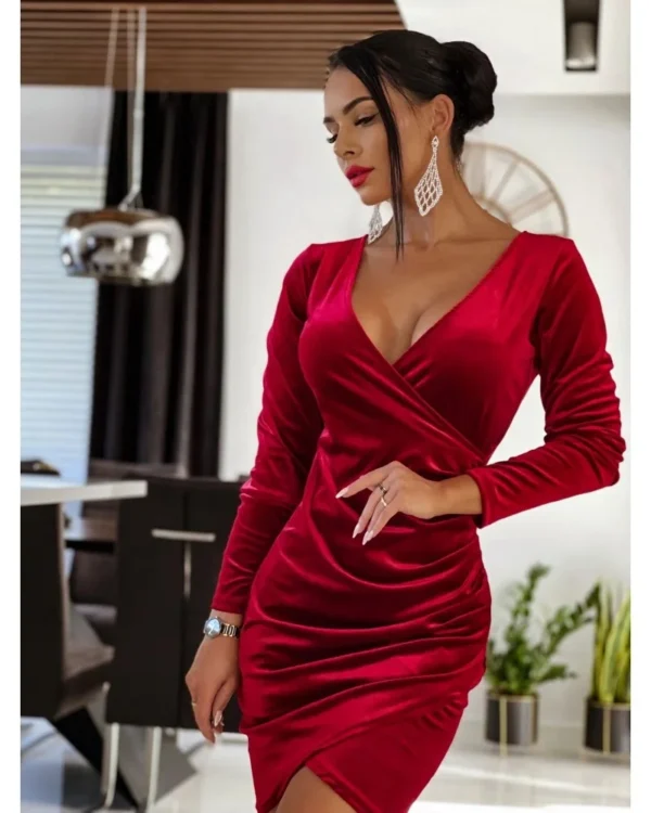 Red homecoming dresses: Deep V-neck, long sleeve, ruched wrap dress