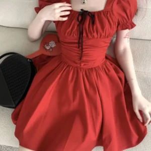 Red Puff Sleeve Mini Dress Women Vintage Korean Summer Streetwear