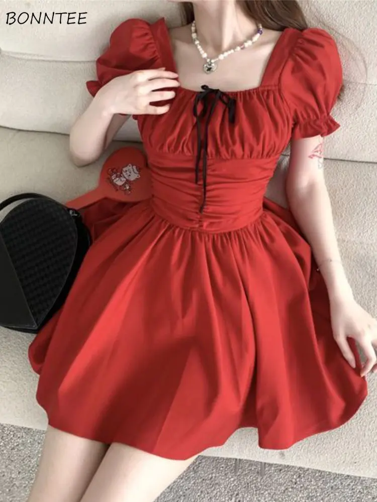 Red Puff Sleeve Mini Dress Women Vintage Korean Summer Streetwear