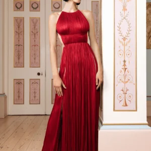 Luxury Red Halter Backless Pleated Maxi Prom Evening Party Dress