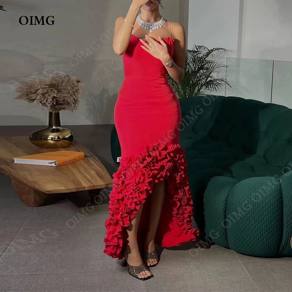 OIMG 2025 Red Mermaid Prom Dress Strapless Side Slit Gown Custom Made