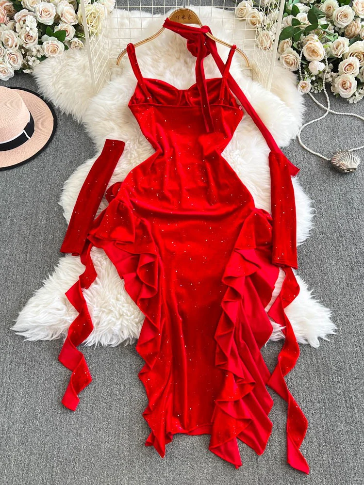 Vintage Red Velvet Suspender Dress Sexy Irregular Split Evening Dress - Image 5