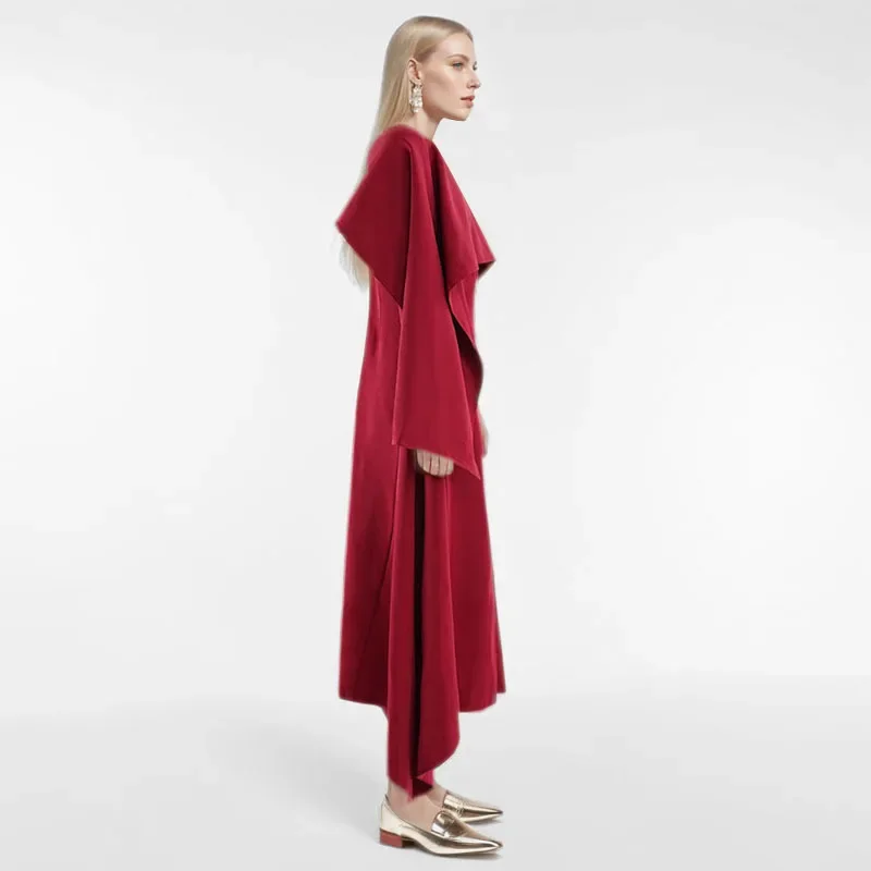 Elegant Red Long Sleeve Dress For Women Autumn Shoulder Wrap - Image 2
