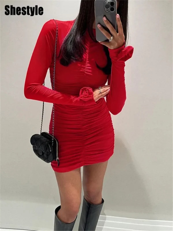 Red Homecoming Dresses: Ruched Hipster Bodycon Long Sleeve Mini Dress - Image 3