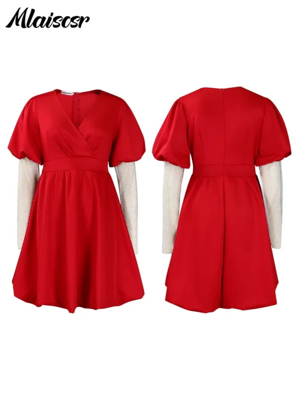 Red Homecoming Dresses: Elegant V Neck Puff Sleeve A-Line Gown - Image 4