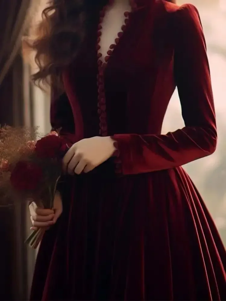 Kimotimo Wine Red Velvet V Neck A-Line Long Sleeve Dress 2025 - Image 5