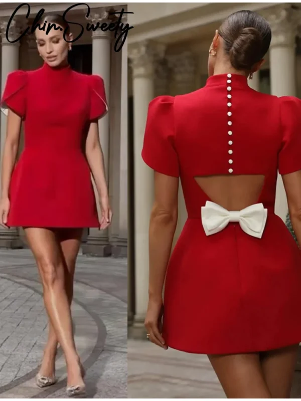 Elegant Red Homecoming Dresses: Puff Sleeve O-Neck Party Style