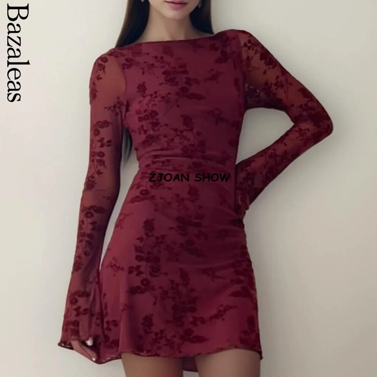 Sexy Wine Red Flocking Flower Slash Collar Bodycon Mini Dress Party