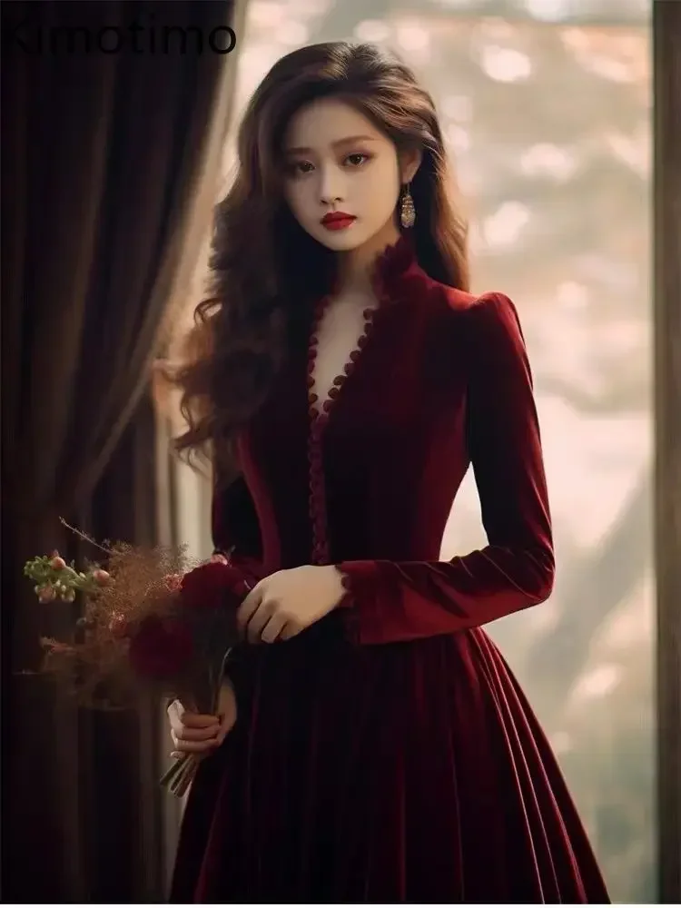 Kimotimo Wine Red Velvet V Neck A-Line Long Sleeve Dress 2025
