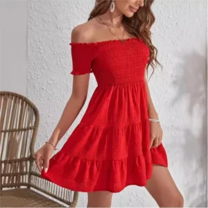Sexy Off Shoulder One Shoulder Red Mini Dress With Bubble Sleeves