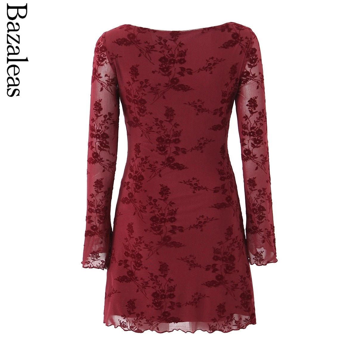 Sexy Wine Red Flocking Flower Slash Collar Bodycon Mini Dress Party - Image 5