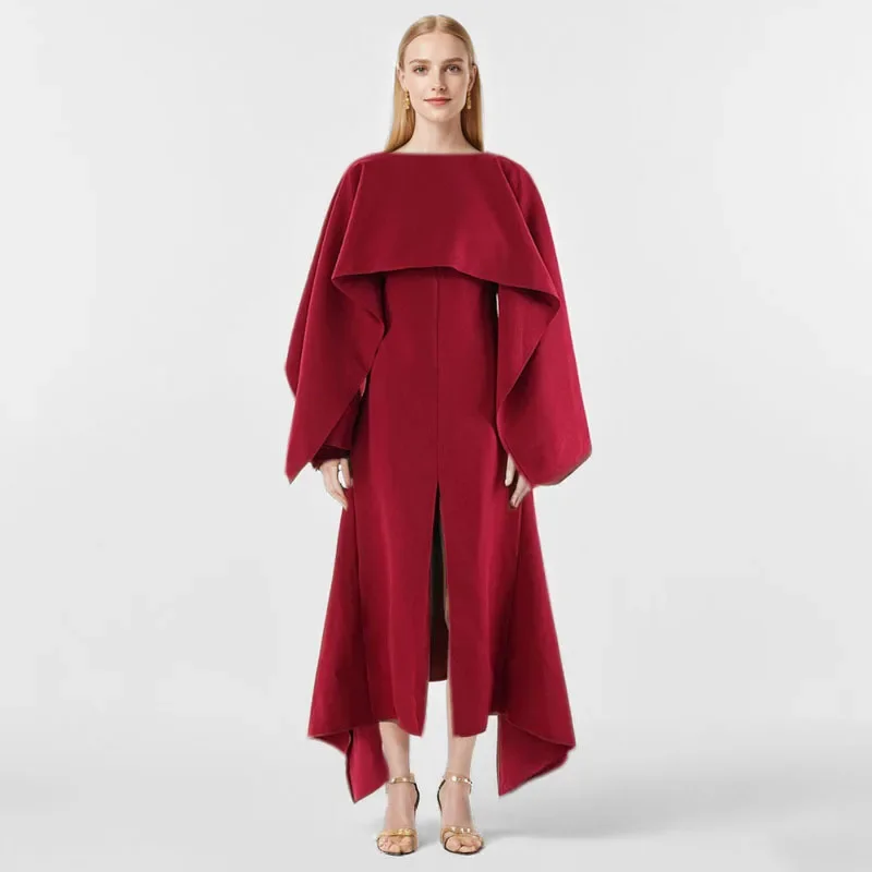 Elegant Red Long Sleeve Dress For Women Autumn Shoulder Wrap