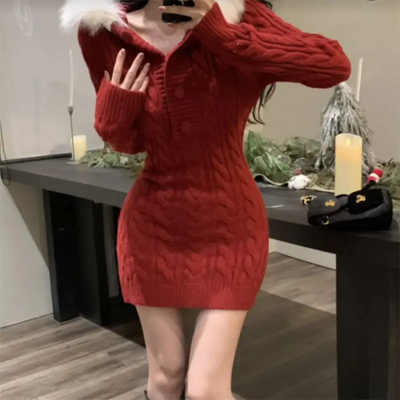 Winter Christmas Stylish Red Knitted Hooded Mini Dress for Women - Image 4