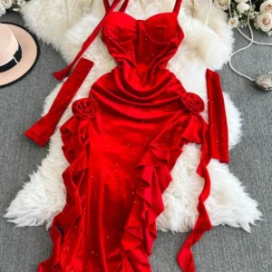 Vintage Red Velvet Suspender Dress Sexy Irregular Split Evening Dress