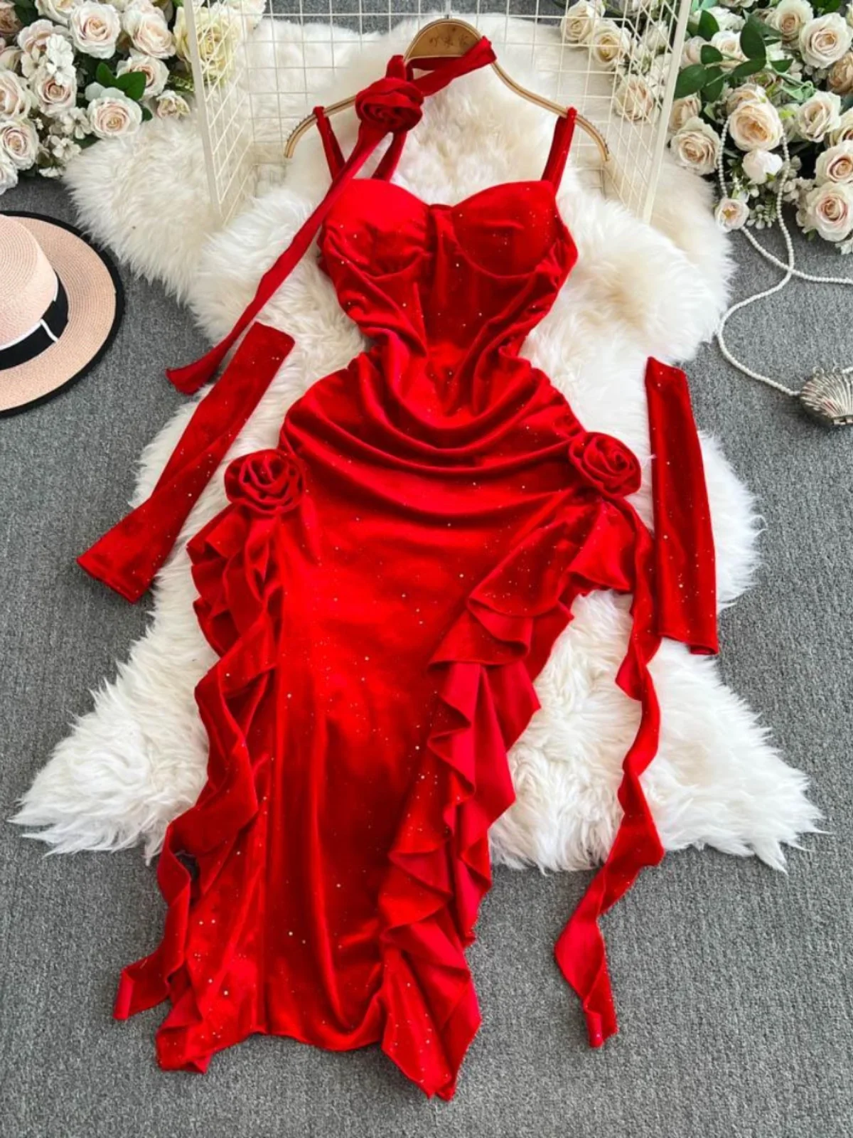 Vintage Red Velvet Suspender Dress Sexy Irregular Split Evening Dress