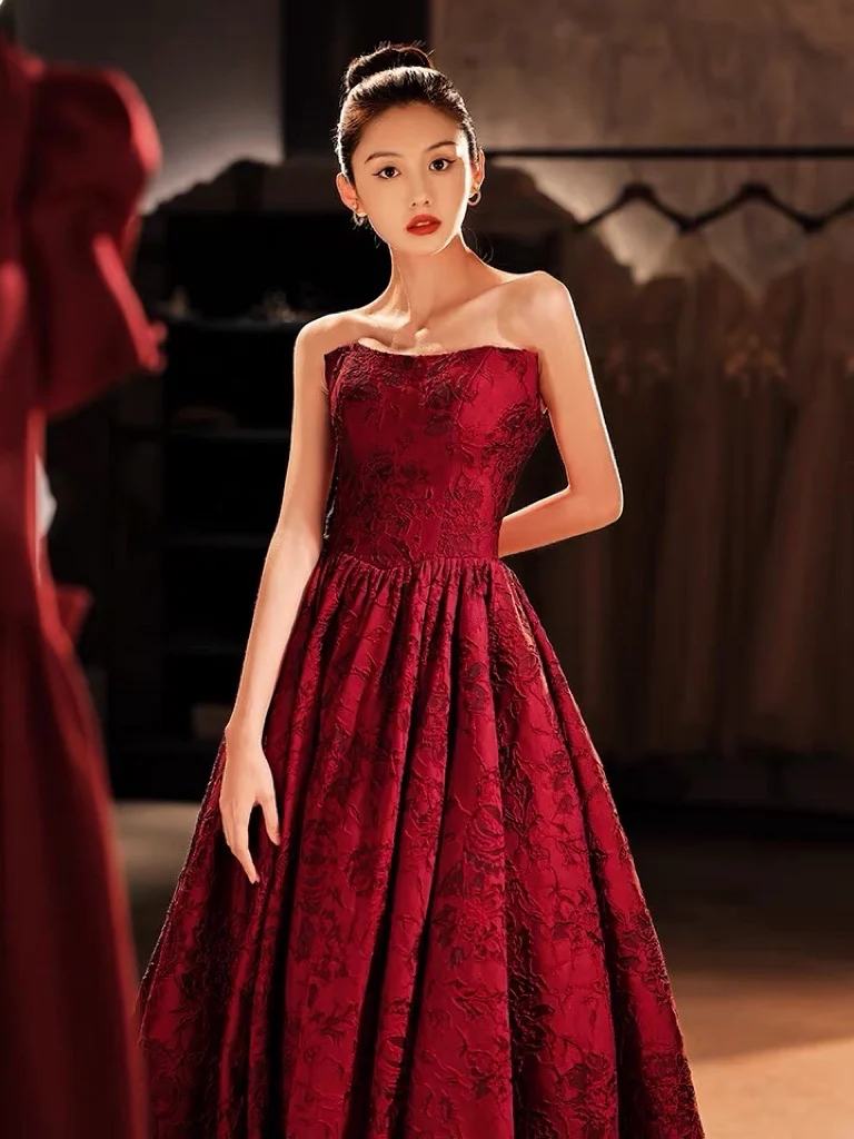 Wine Red A-Line Strapless Satin Prom Dress With Applique Embroidery - Image 3
