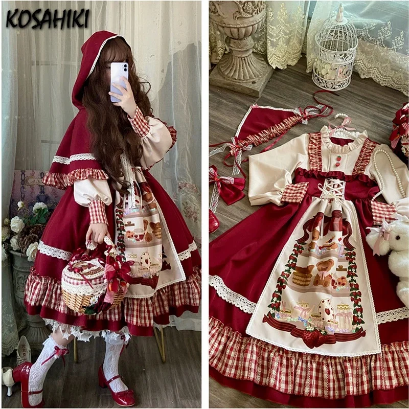 Kawaii Christmas Red Plaid Lolita Dress With Lace Ruffles And Puff Long Sleeves