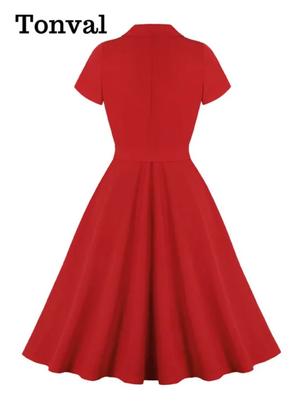 Red homecoming dresses: Elegant formal long sleeve, notched collar, belted tea dress - Image 2