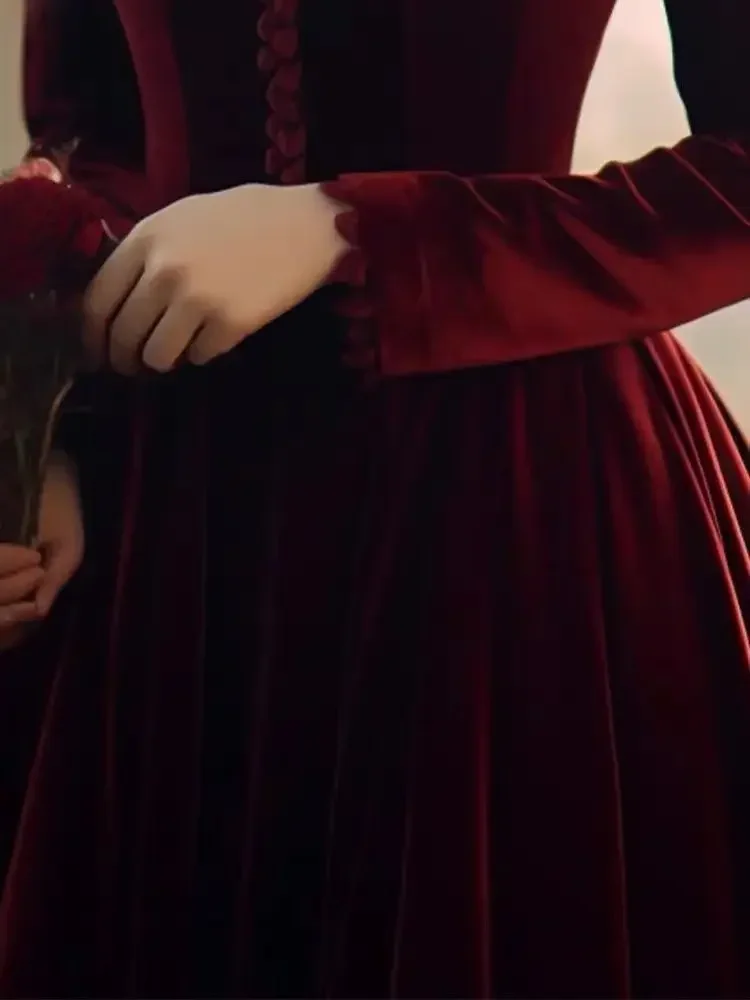 Kimotimo Wine Red Velvet V Neck A-Line Long Sleeve Dress 2025 - Image 4