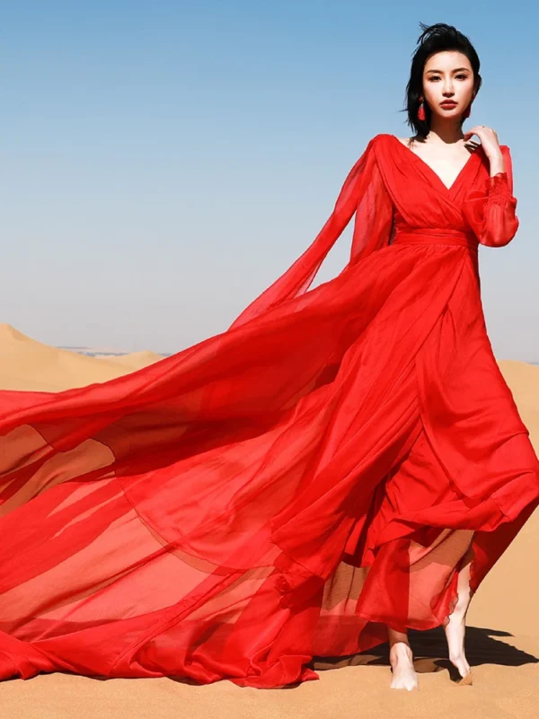 Red Homecoming Dresses Boho Maxi V-neck Ruffle Long Sleeve