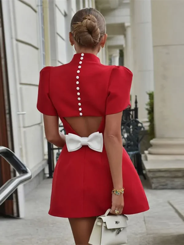 Red homecoming dresses, backless A-line with pad shoulder and hollow design - Image 2